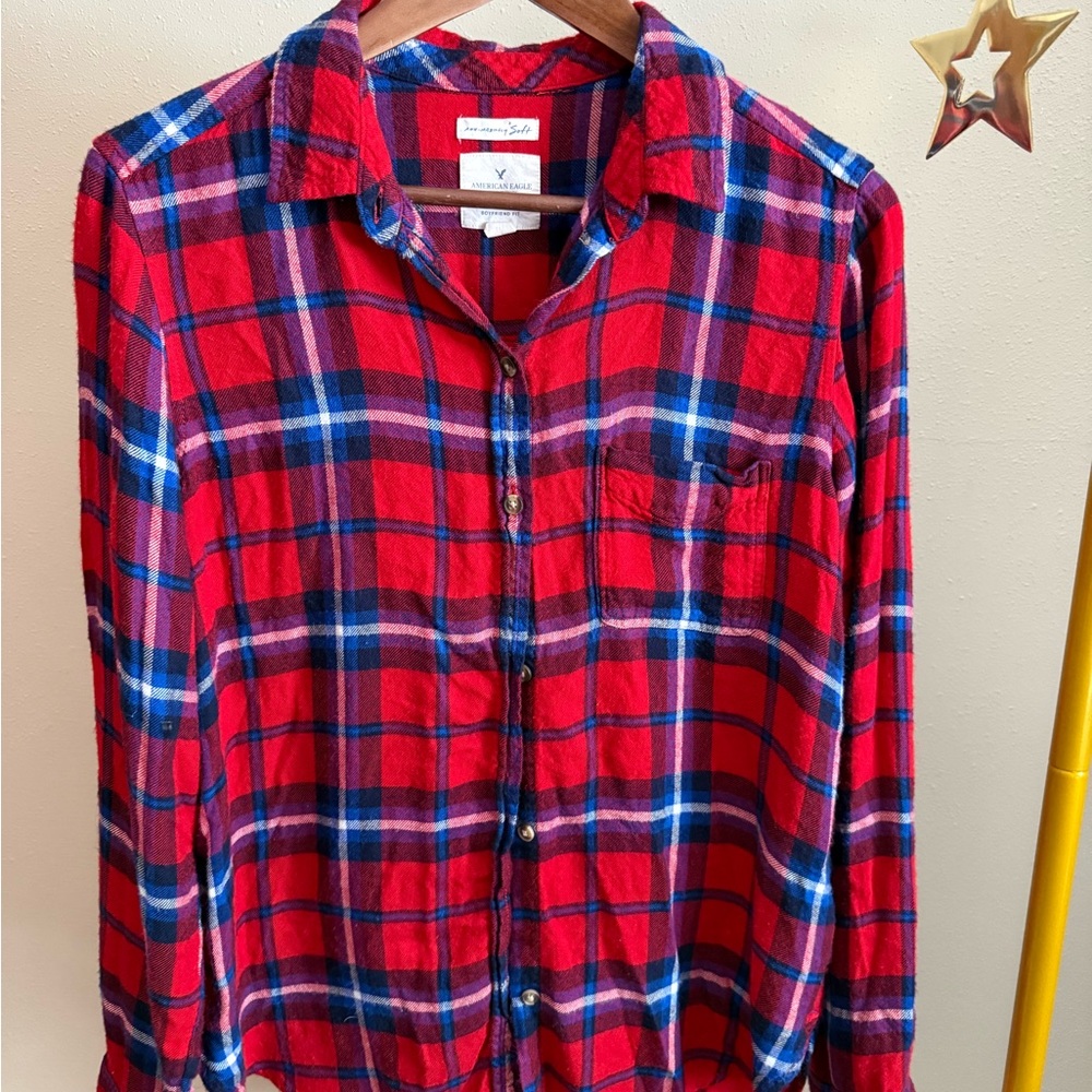 American Eagle Plaid Flannel Shirt Medium Red Blue Button Front Cotton